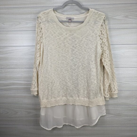 Roz & Ali Sweaters - Roz & Ali Cream Crochet Knit Chiffon Trim Sweater